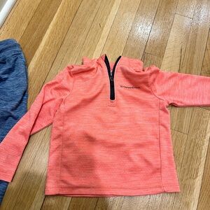 Vineyard Vines Kids Striped Coral Quarter-Zip Sweatshirt and blue joggers